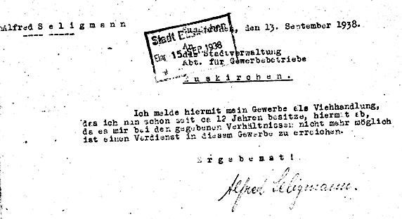 Alfred Seligmann: Abmeldung seines Gewerbes am 13. September 1938