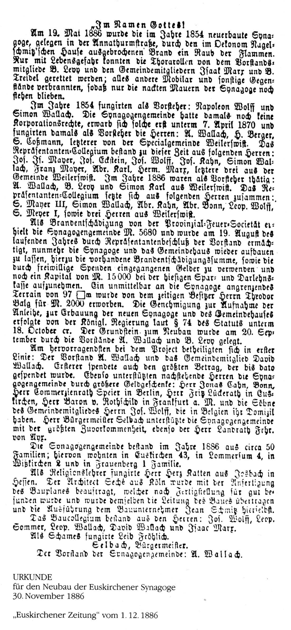 Grundstein-Urkunde der Euskirchener Synagoge